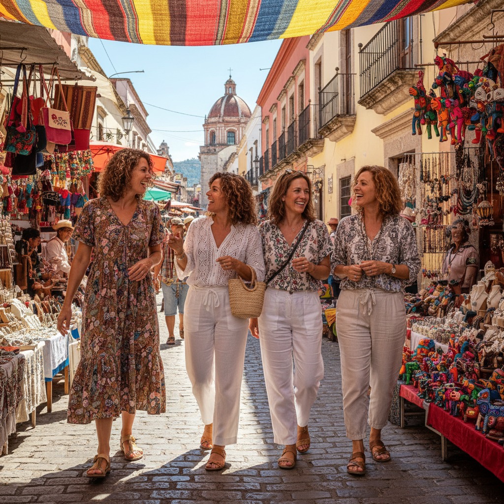 Four women walk and laugh together down a sunny, cobblestone street lined with colorful market stalls and a historic domed church in the background.
